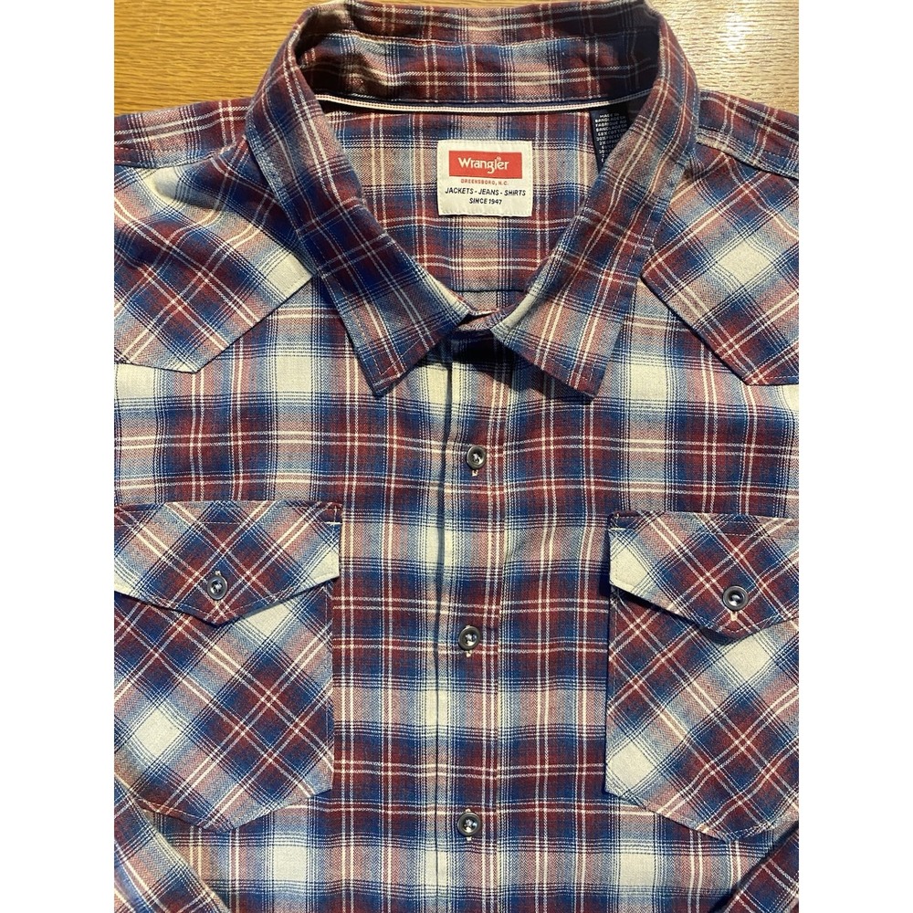 Wrangler Shirt Mens 3XL Red Blue Plaid Tartan Flannel Flex Comfort Western EUC